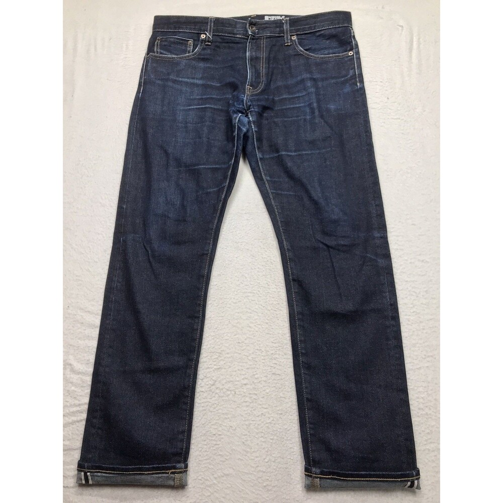 UNIQLO Selvedge Jean Men 35x32 Slim Straight Dark Raw Wash Stretch Denim